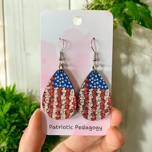 USA Flag Teardrop Earrings, Floral Patriotic Jewelry, 4th of July Wood Dangle Earrings , American Flag Gift for Her, USA Made
