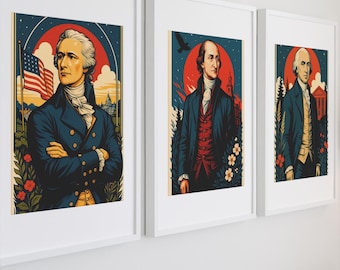 Founding Fathers Wall Art Set of 3 – American History Prints, Patriotic Home Decor, Hamilton Madison Jay Art