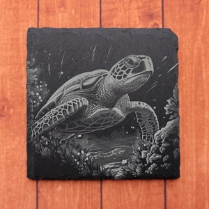 Slate Coaster, Coaster, Gift, Engraved, Birthday, Animal, Sea Turtle, Paint Splash, Art, Tea, Coffee.