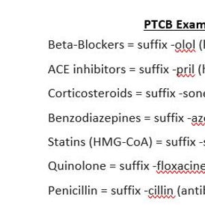 Könnte beinhalten: Ein weißes Blatt mit schwarzem Text mit dem Titel "PTCB Exam Cheat Sheet", das Arzneimittel-Suffixe und ihre Verwendungen auflistet. Enthält auch eine Umrechnungstabelle mit Maßen wie ml, TL, EL, oz, pt, qt und gal.