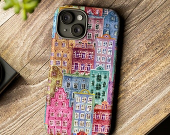 水彩画風の都市デザイン、タフなスマホケース、建物や街並みをモチーフにした美的スマホケース、コテージコア風スマホケース、iPhone、Samsung、Google対応スマホケース
