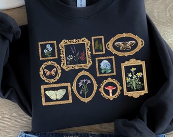 Cottagecore Sweatshirt, Goblincore Clothing, Moth, Boho, Vintage Pressed Flowers Sweatshirt, Wildflowers, Fairycore, Dark Academia Shirt
