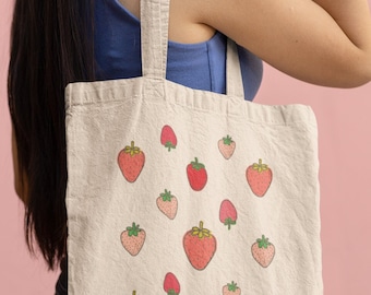 Strawberry Tote Bag Strawberry Bag Cute Canvas Tote Bag Fruit Tote Bag Reusable Grocery Bag Aesthetic Tote Bag Strawberry Lover Gift