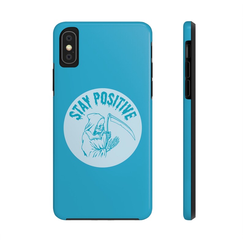 Grim Reaper "Stay Positive" iPhone Case, Blue Phone Case, Horror Fans Funny iPhone Case, Supports Wireless Charging 画像 8