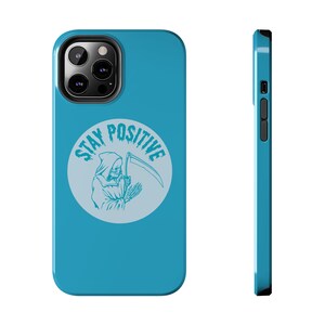 Grim Reaper "Stay Positive" iPhone Case, Blue Phone Case, Horror Fans Funny iPhone Case, Supports Wireless Charging 画像 4