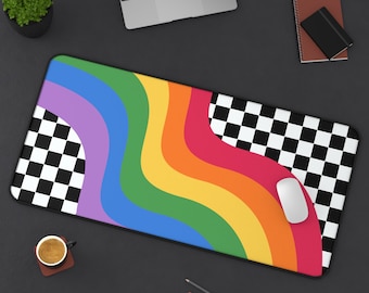 Rainbow Checkered Desk Mat, Office Gift for Her New Job, Home Office Decor, Mousepad, Aesthetic Gaming Mat, Cute Desk Mat, Trendy Workspace