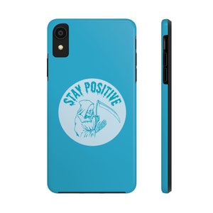 Grim Reaper "Stay Positive" iPhone Case, Blue Phone Case, Horror Fans Funny iPhone Case, Supports Wireless Charging 画像 9