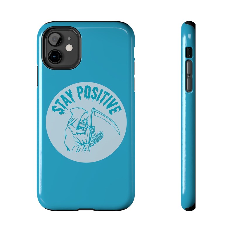 Grim Reaper "Stay Positive" iPhone Case, Blue Phone Case, Horror Fans Funny iPhone Case, Supports Wireless Charging 画像 5