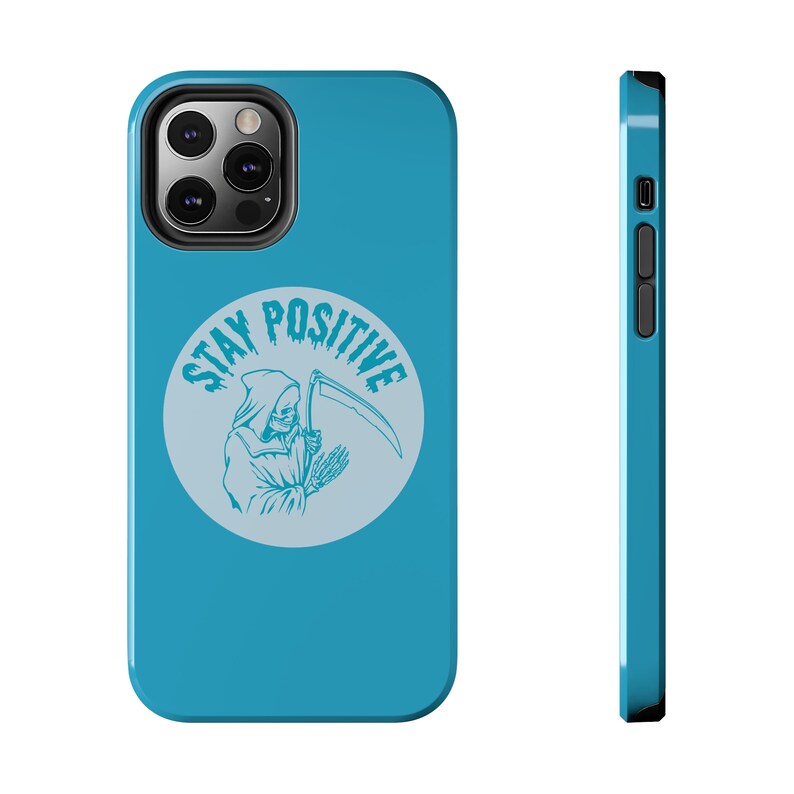 Grim Reaper "Stay Positive" iPhone Case, Blue Phone Case, Horror Fans Funny iPhone Case, Supports Wireless Charging 画像 3