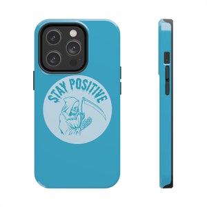 Grim Reaper "Stay Positive" iPhone Case, Blue Phone Case, Horror Fans Funny iPhone Case, Supports Wireless Charging 画像 2