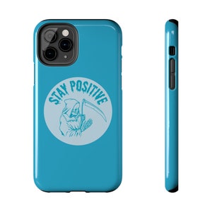 Grim Reaper "Stay Positive" iPhone Case, Blue Phone Case, Horror Fans Funny iPhone Case, Supports Wireless Charging 画像 6