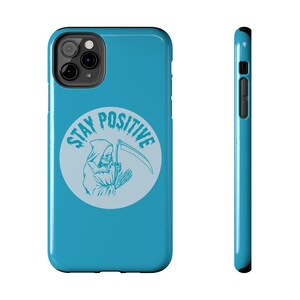 Grim Reaper "Stay Positive" iPhone Case, Blue Phone Case, Horror Fans Funny iPhone Case, Supports Wireless Charging 画像 7