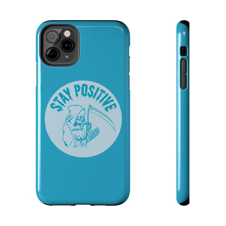 Grim Reaper "Stay Positive" iPhone Case, Blue Phone Case, Horror Fans Funny iPhone Case, Supports Wireless Charging 画像 7