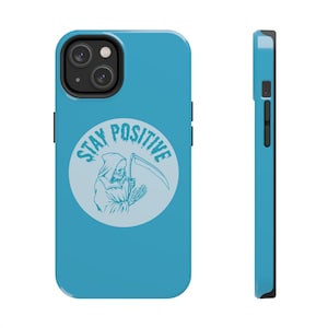 Grim Reaper "Stay Positive" iPhone Case, Blue Phone Case, Horror Fans Funny iPhone Case, Supports Wireless Charging 画像 1