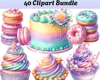 Pastel Dessert Clipart Bundle – 40 Watercolor Sweets PNG(Digital Download)