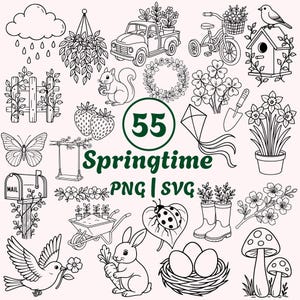 May include: Black and white line art illustrations of springtime elements, including a truck, bicycle, birdhouse, flowers, squirrel, butterfly, and a bunny holding a carrot. The text "Springtime PNG | SVG" is also included.