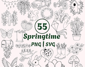 Springtime SVG PNG Bundle: 55 Spring Line Art Illustrations (Digital Download)