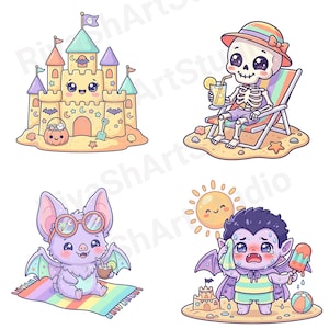 Cute pastel Summerween clipart bundle with kawaii ghosts, tropical drinks, pumpkins, palm trees, seashells, jellyfish, crystal balls, shaved ice desserts, surfboards, beach scenes, spooky summer decorations, and magical Halloween summer graphics in soft vibrant pastel colors.
