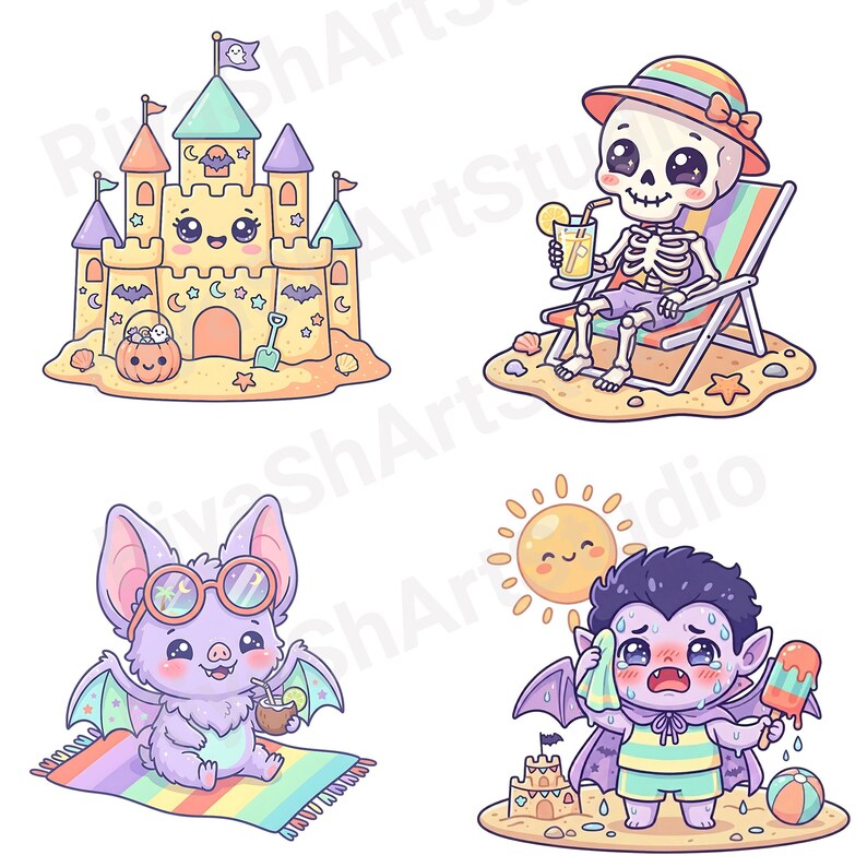 Cute pastel Summerween clipart bundle with kawaii ghosts, tropical drinks, pumpkins, palm trees, seashells, jellyfish, crystal balls, shaved ice desserts, surfboards, beach scenes, spooky summer decorations, and magical Halloween summer graphics in soft vibrant pastel colors.