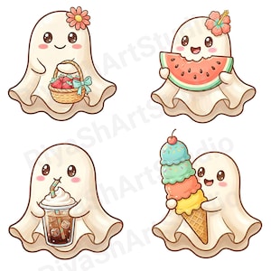Cute pastel summer ghost clipart bundle featuring kawaii ghosts with balloons, flamingo floaties, bicycles, flowers, seashells, shaved ice, cozy coastal summer illustrations and beach themed PNG designs.