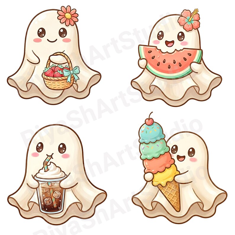 Cute pastel summer ghost clipart bundle featuring kawaii ghosts with balloons, flamingo floaties, bicycles, flowers, seashells, shaved ice, cozy coastal summer illustrations and beach themed PNG designs.