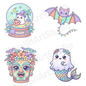 Cute pastel Summerween clipart bundle with kawaii ghosts, tropical drinks, pumpkins, palm trees, seashells, jellyfish, crystal balls, shaved ice desserts, surfboards, beach scenes, spooky summer decorations, and magical Halloween summer graphics in soft vibrant pastel colors.