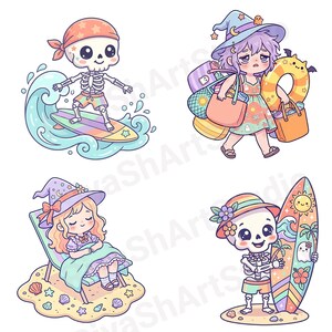 Cute pastel Summerween clipart bundle with kawaii ghosts, tropical drinks, pumpkins, palm trees, seashells, jellyfish, crystal balls, shaved ice desserts, surfboards, beach scenes, spooky summer decorations, and magical Halloween summer graphics in soft vibrant pastel colors.