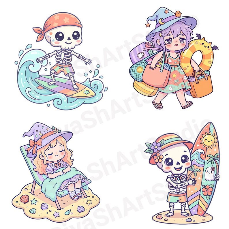 Cute pastel Summerween clipart bundle with kawaii ghosts, tropical drinks, pumpkins, palm trees, seashells, jellyfish, crystal balls, shaved ice desserts, surfboards, beach scenes, spooky summer decorations, and magical Halloween summer graphics in soft vibrant pastel colors.