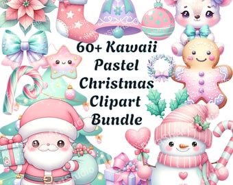 Kawaii Pastel Christmas Clipart Bundle - 60+ Holiday PNGs (Digital Download)