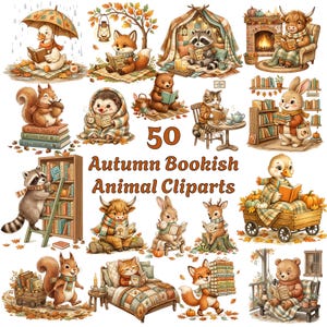 May include: A collection of 50 Autumn Bookish Animal Cliparts featuring various woodland creatures like foxes, bears, rabbits, and raccoons reading books in cosy seasonal settings with pumpkins, autumn leaves, blankets, and warm indoor scenes.