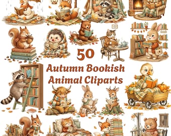 Cozy Autumn Animals Reading Clipart Bundle, 50 Woodland PNGs (Digital Download)