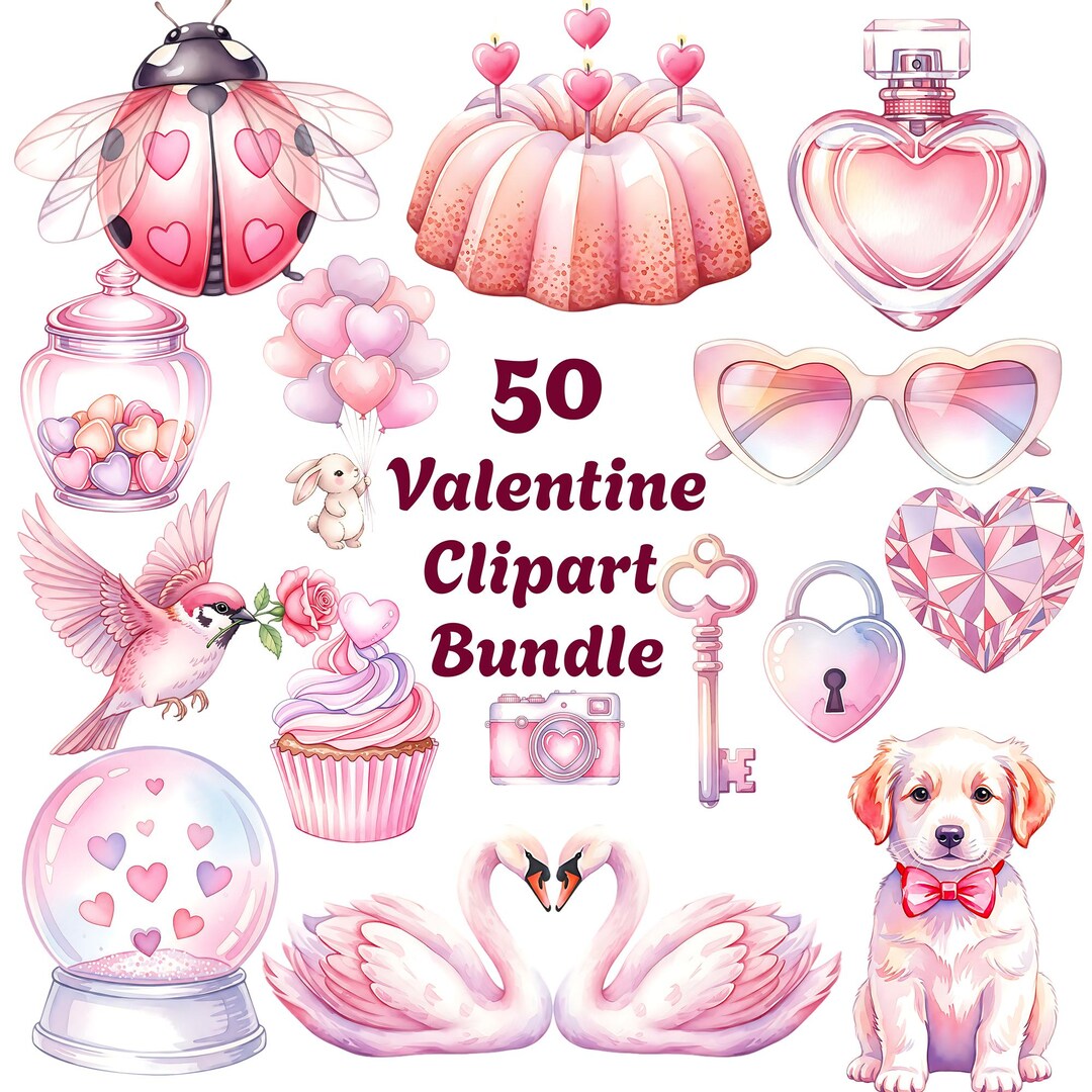 Valentine Clipart Bundle: 50 Watercolor Pastel Romantic Objects ...