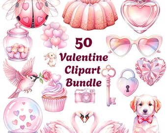 Valentine Clipart Bundle: 50 Watercolor Pastel Romantic Objects & Animals PNG (Digital Download)