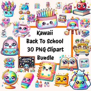 Pode incluir: Uma coleção de cliparts coloridos de volta às aulas no estilo kawaii. A imagem apresenta vários materiais escolares animados, como lápis, cadernos e um ônibus escolar. O texto "Kawaii Back To School 30 PNG Clipart Bundle" também está incluído.