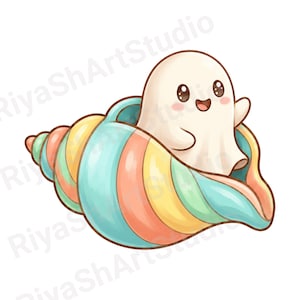 Cute pastel summer ghost clipart bundle featuring kawaii ghosts with balloons, flamingo floaties, bicycles, flowers, seashells, shaved ice, cozy coastal summer illustrations and beach themed PNG designs.
