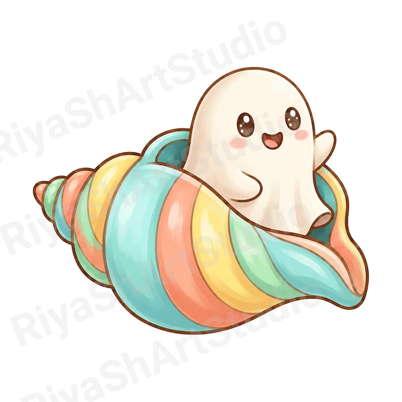 Cute pastel summer ghost clipart bundle featuring kawaii ghosts with balloons, flamingo floaties, bicycles, flowers, seashells, shaved ice, cozy coastal summer illustrations and beach themed PNG designs.