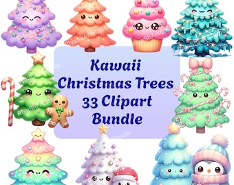 May include: A collection of kawaii Christmas tree clipart in various colors, including pink, green, and blue. Each tree has a cute face and is decorated with ornaments and a star on top. The image also includes a gingerbread man and a penguin.