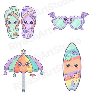 Cute pastel Summerween clipart bundle with kawaii ghosts, tropical drinks, pumpkins, palm trees, seashells, jellyfish, crystal balls, shaved ice desserts, surfboards, beach scenes, spooky summer decorations, and magical Halloween summer graphics in soft vibrant pastel colors.