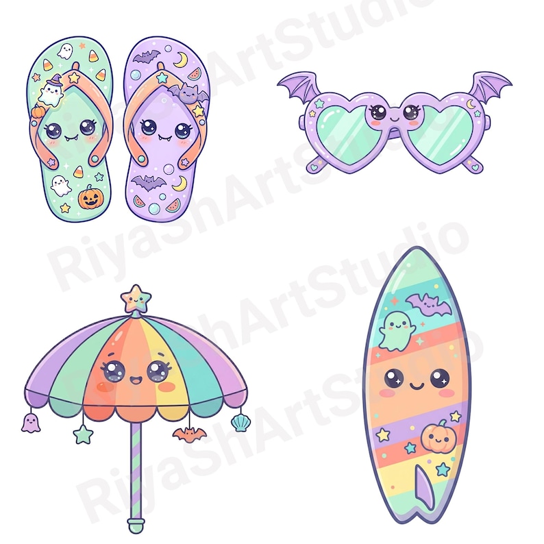 Cute pastel Summerween clipart bundle with kawaii ghosts, tropical drinks, pumpkins, palm trees, seashells, jellyfish, crystal balls, shaved ice desserts, surfboards, beach scenes, spooky summer decorations, and magical Halloween summer graphics in soft vibrant pastel colors.
