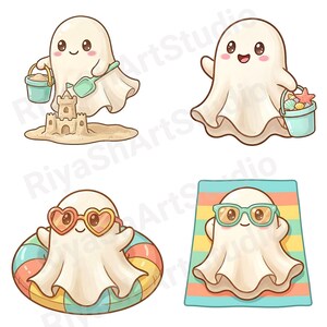 Cute pastel summer ghost clipart bundle featuring kawaii ghosts with balloons, flamingo floaties, bicycles, flowers, seashells, shaved ice, cozy coastal summer illustrations and beach themed PNG designs.