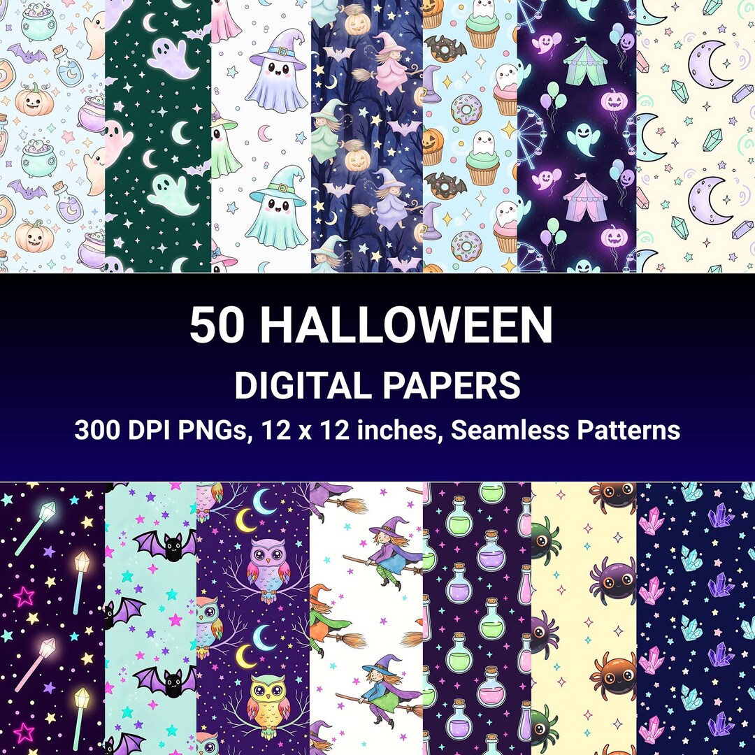 Halloween Digital Paper: 50 Pastel Seamless PNG Patterns (digital ...