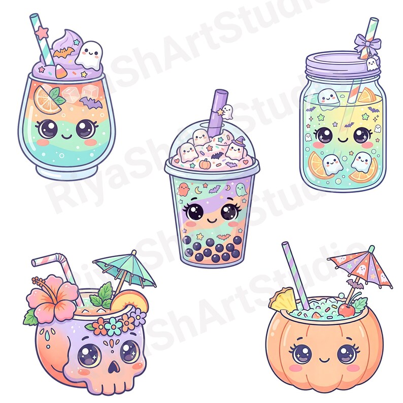 Cute pastel Summerween clipart bundle with kawaii ghosts, tropical drinks, pumpkins, palm trees, seashells, jellyfish, crystal balls, shaved ice desserts, surfboards, beach scenes, spooky summer decorations, and magical Halloween summer graphics in soft vibrant pastel colors.