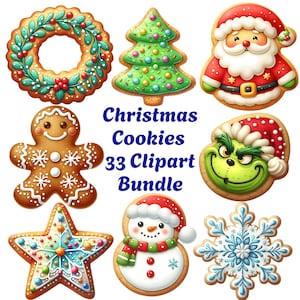 Può includere: Una collezione di biscotti natalizi vivacemente decorati, tra cui una ghirlanda, un albero di Natale, Babbo Natale, un omino di pan di zenzero, il Grinch, una stella, un pupazzo di neve e un fiocco di neve. Il testo "Christmas Cookies 33 Clipart Bundle" è visualizzato in blu.