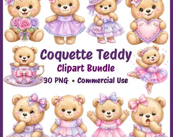 Paquete de imágenes prediseñadas de ositos de peluche coquetos, 30 imágenes PNG en rosa pastel y lavanda (descarga digital)