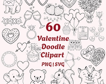 Valentine Doodles PNG SVG: 60 Line Art Clipart (Digital Download)