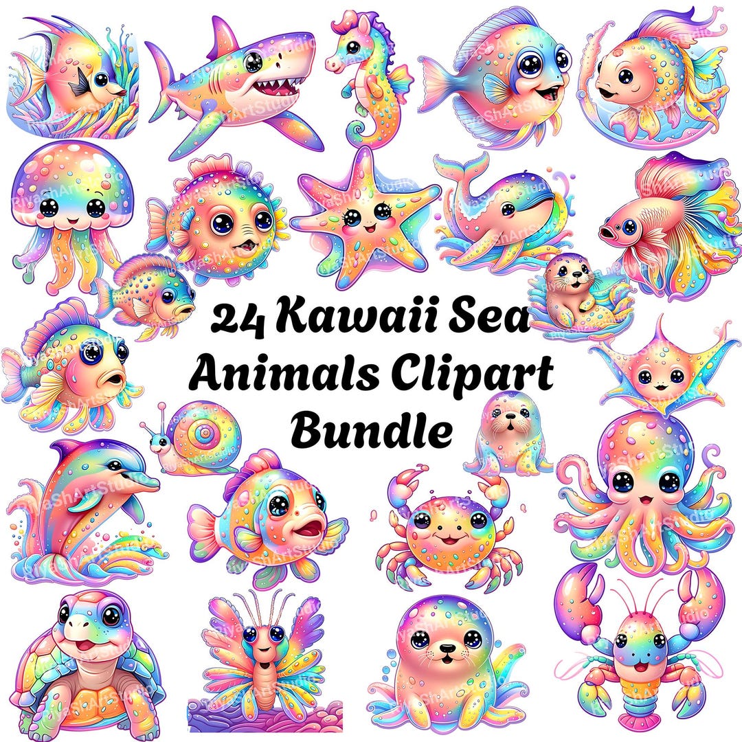 Kawaii Pastel Rainbow Sea Animal Clipart: PNG Bundle (digital Download ...