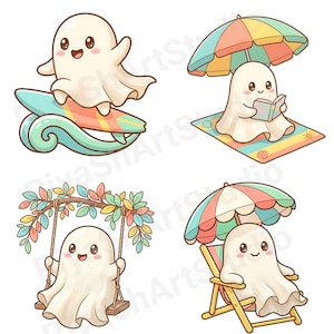 Cute pastel summer ghost clipart bundle featuring kawaii ghosts with balloons, flamingo floaties, bicycles, flowers, seashells, shaved ice, cozy coastal summer illustrations and beach themed PNG designs.