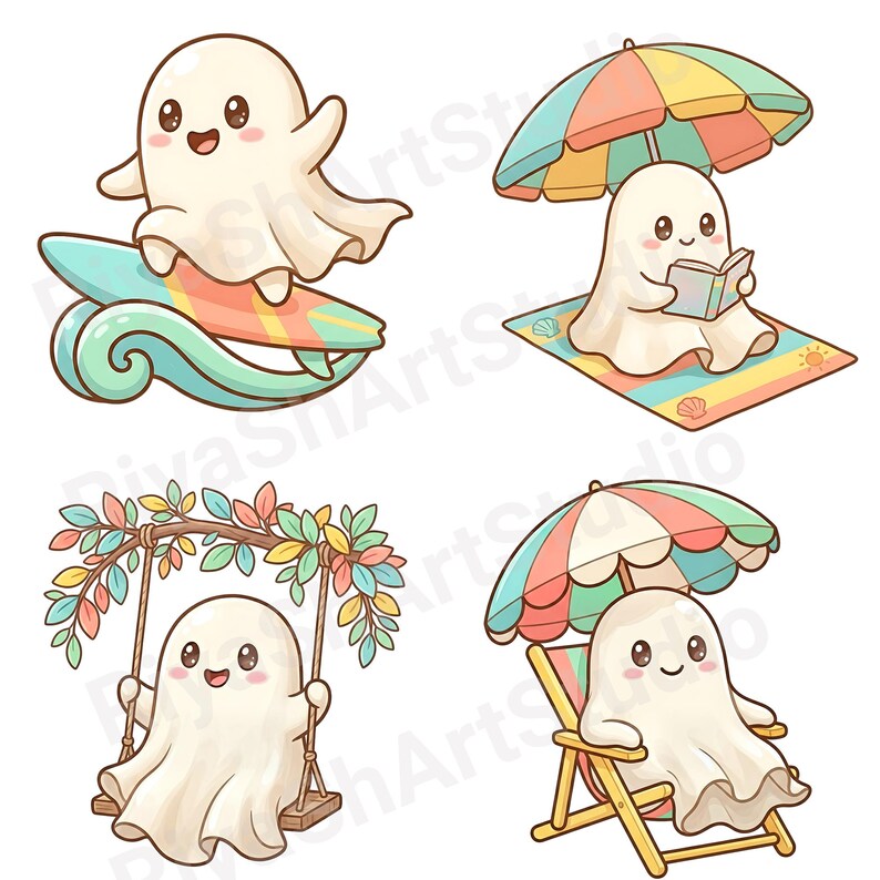 Cute pastel summer ghost clipart bundle featuring kawaii ghosts with balloons, flamingo floaties, bicycles, flowers, seashells, shaved ice, cozy coastal summer illustrations and beach themed PNG designs.