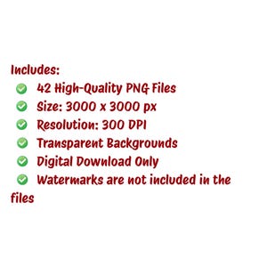 May include: White background with text that reads "Includes: 42 High-Quality PNG Files, Size: 3000 x 3000 px, Resolution: 300 DPI, Transparent Backgrounds, Digital Download Only, Watermarks are not included in the files."