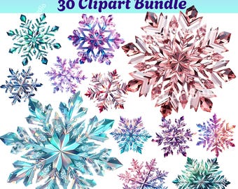 Clipart-paket med kristallsnöflingor | 30 PNG-bilder för sublimering och hantverk (digital nedladdning)
